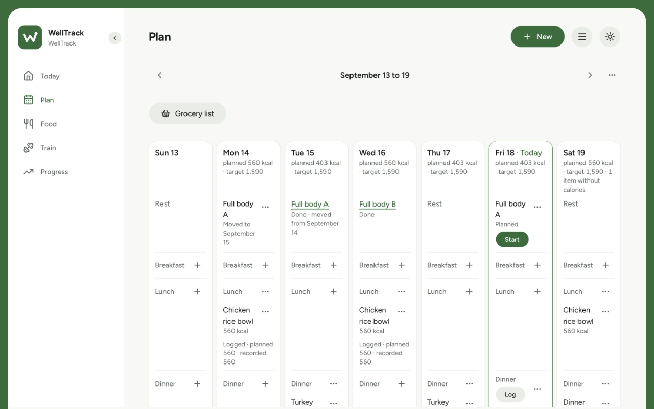 The Plan screen in WellTrack: a week with planned workouts and planned meals for each day